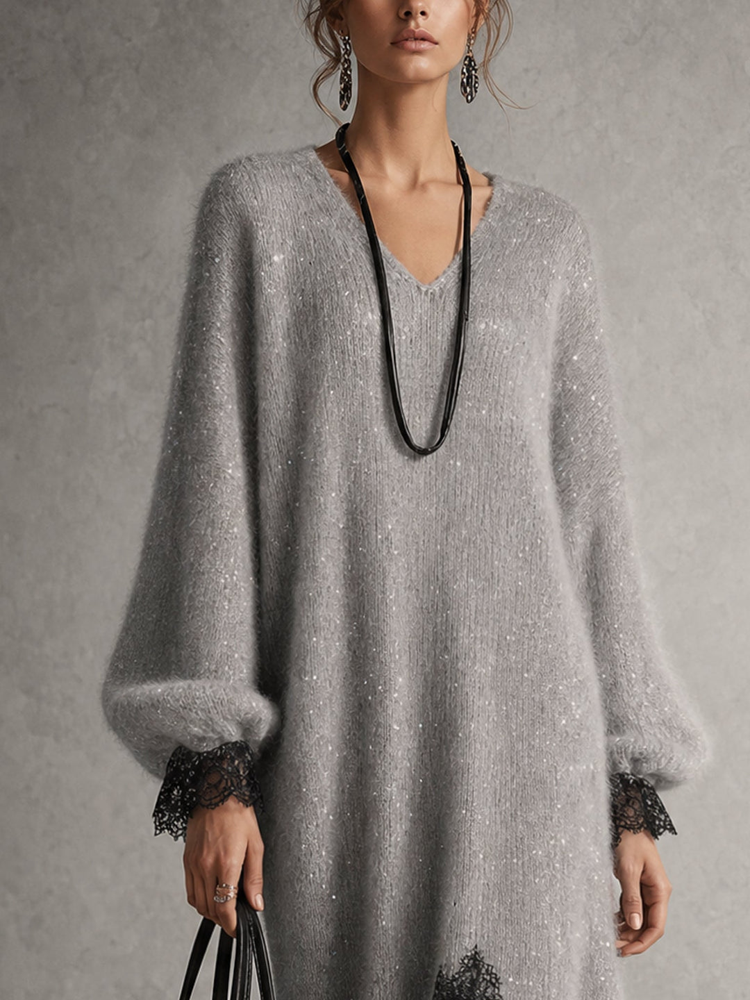 Sedona | Abito Midi in Maglia Grigia Lucida con Orlo in Pizzo