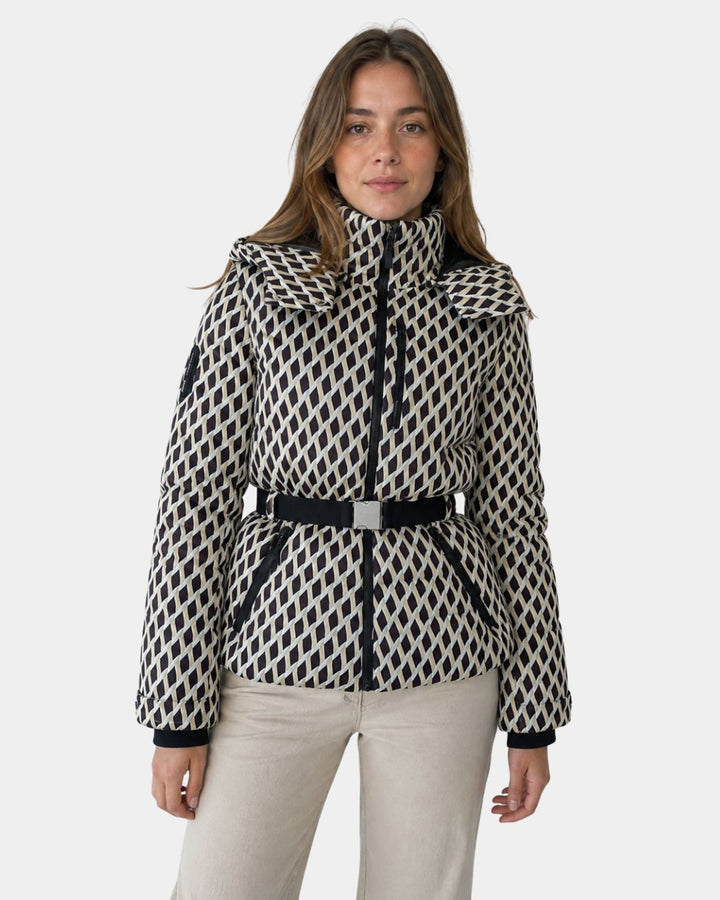 Élodiane | Giubbotto imbottito beige con motivi e cintura