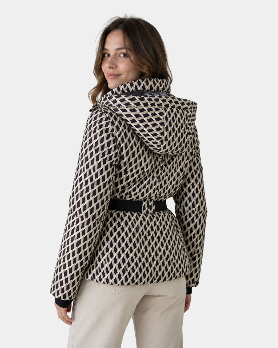 Élodiane | Giubbotto imbottito beige con motivi e cintura