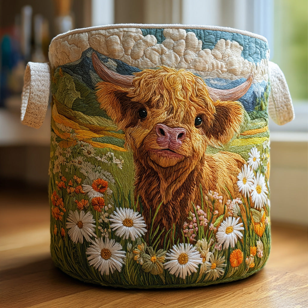 Cesto imbottito con un Highland e circondato da fiori