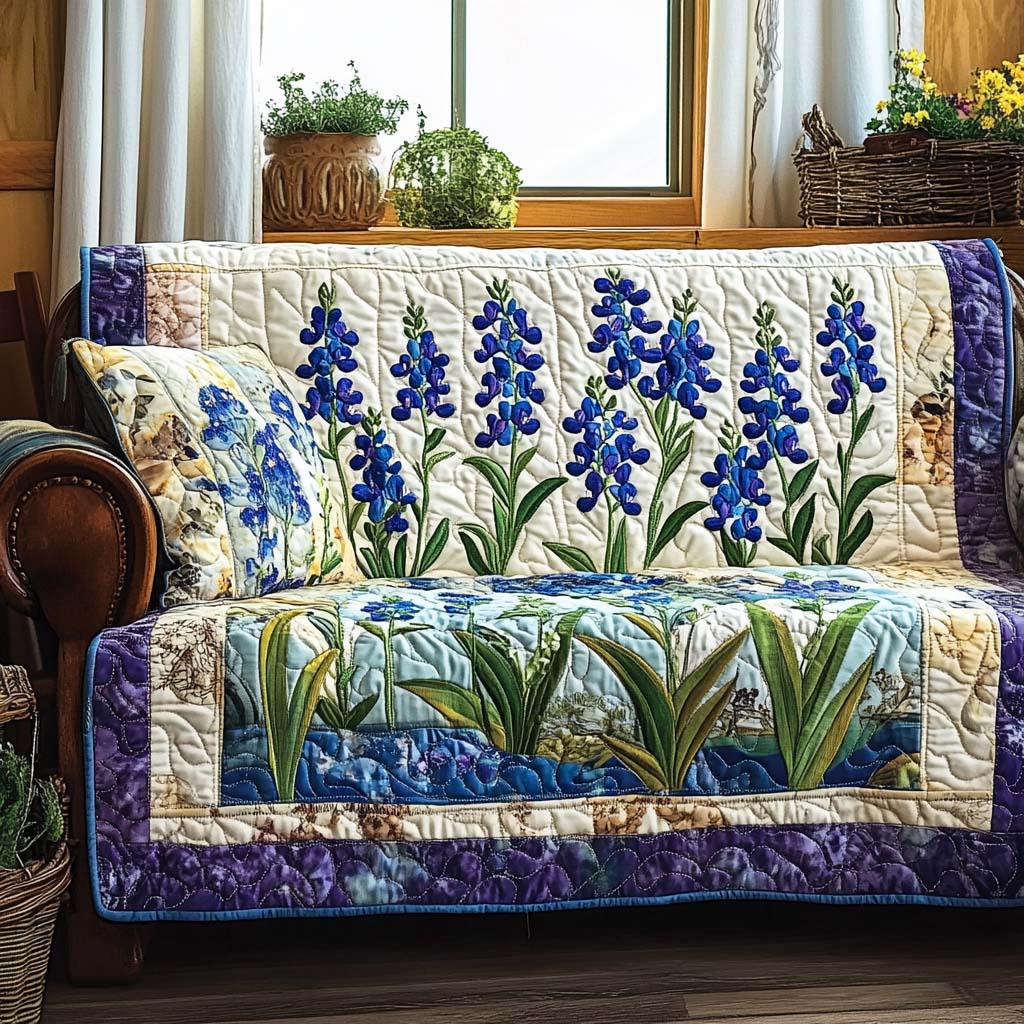 Copridivano trapuntato con fiori blu di campo NCU0NT10796