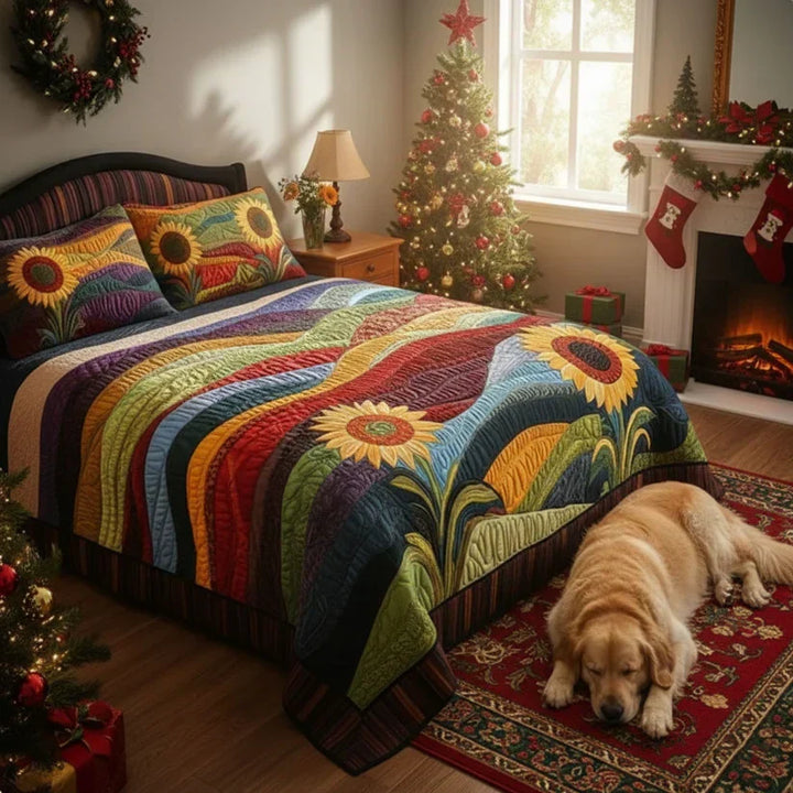 Coperta trapuntata per letto, 3 pezzi - Campo di girasoli