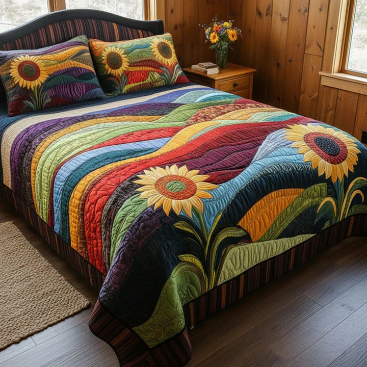 Coperta trapuntata per letto, 3 pezzi - Campo di girasoli
