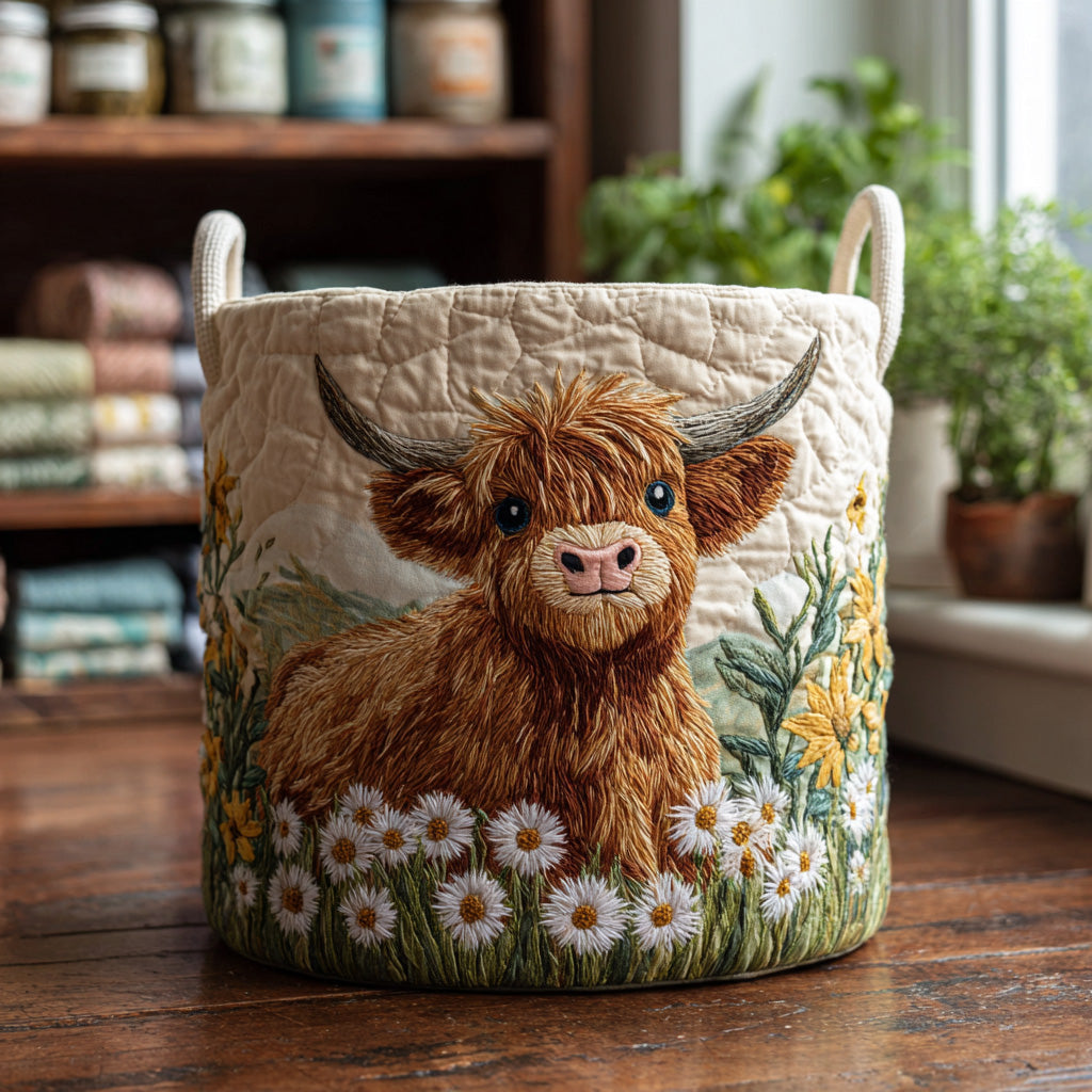 Cesto imbottito con un Highland Cattle tra fiori