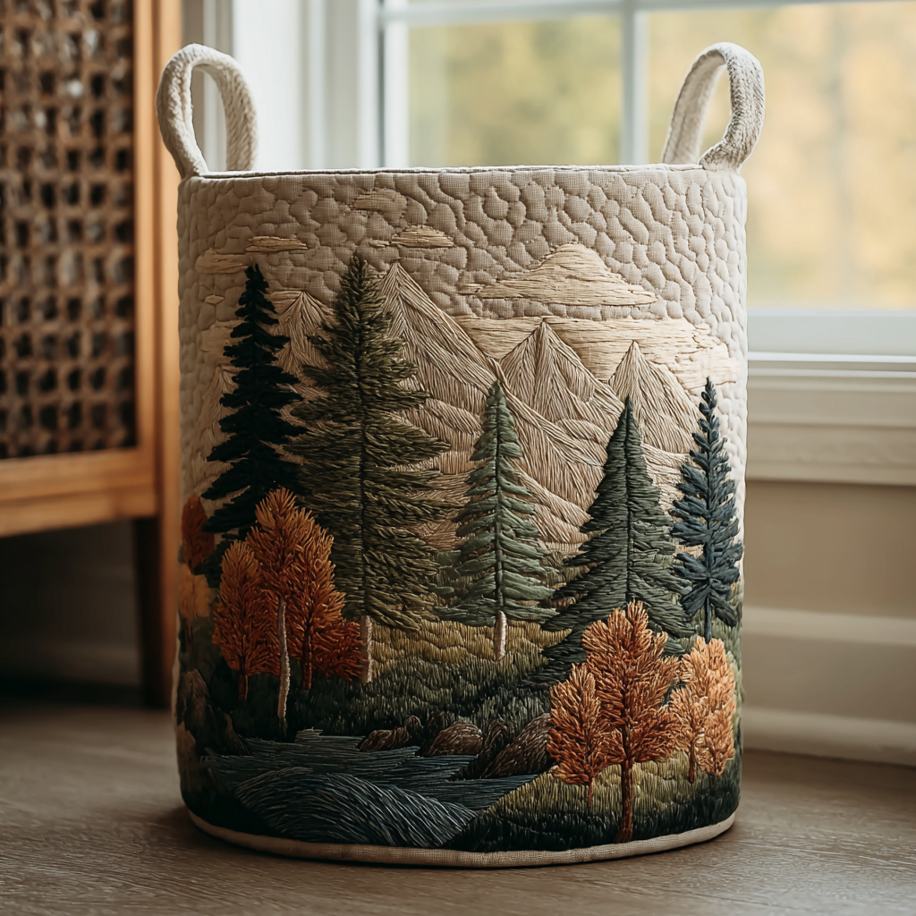 Cesto imbottito con montagne e foresta