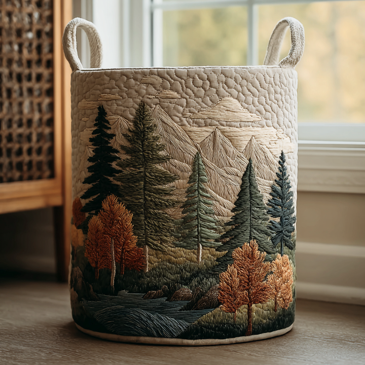 Cesto imbottito con montagne e foresta