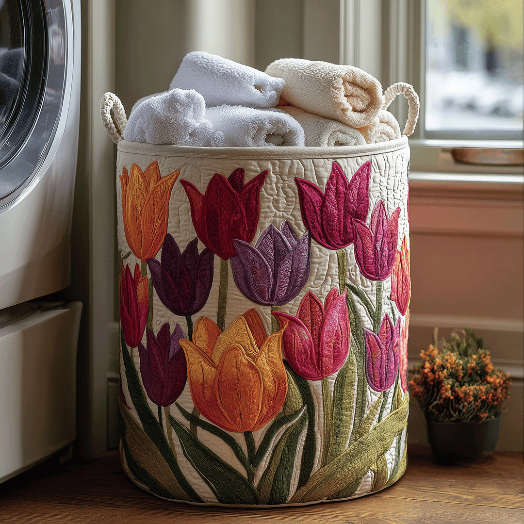 Cestino imbottito con tulipani in fiore