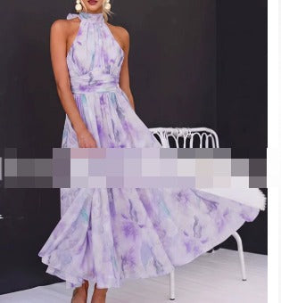 Aurora | Abito con scollo all'americana e stampa ad acquerello