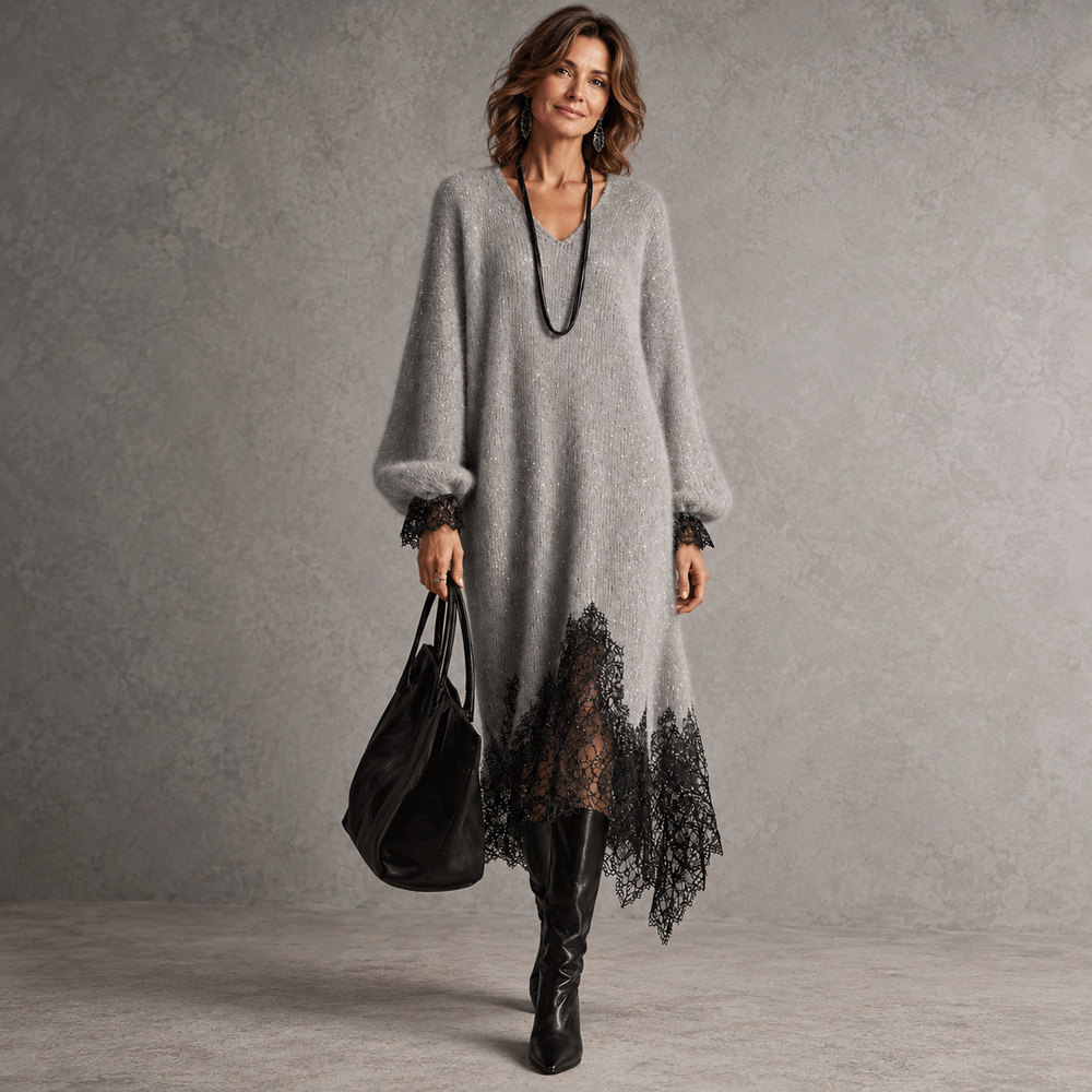 Sedona | Abito Midi in Maglia Grigia Lucida con Orlo in Pizzo