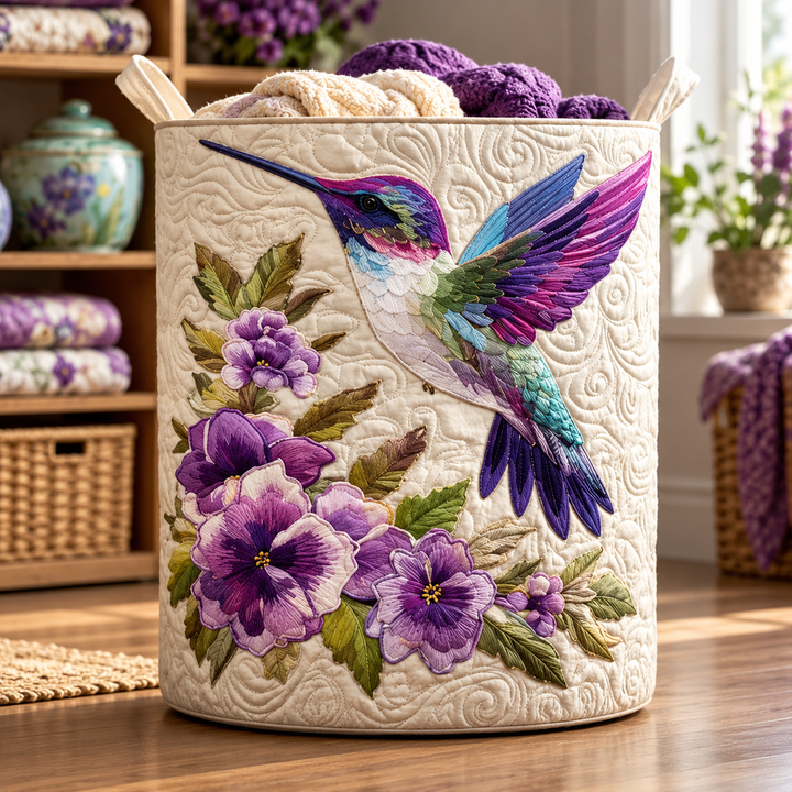 Cestino imbottito con un colibrì tra fiori